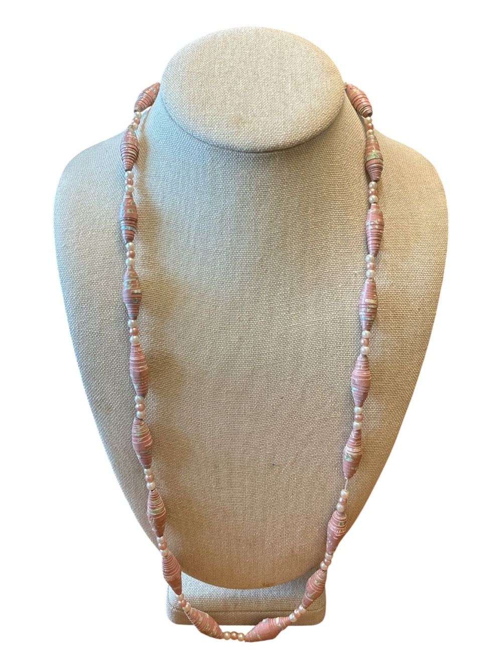 🔵 Handmade Pink Paper Bead & Pearl Necklace ~ 28 Inches